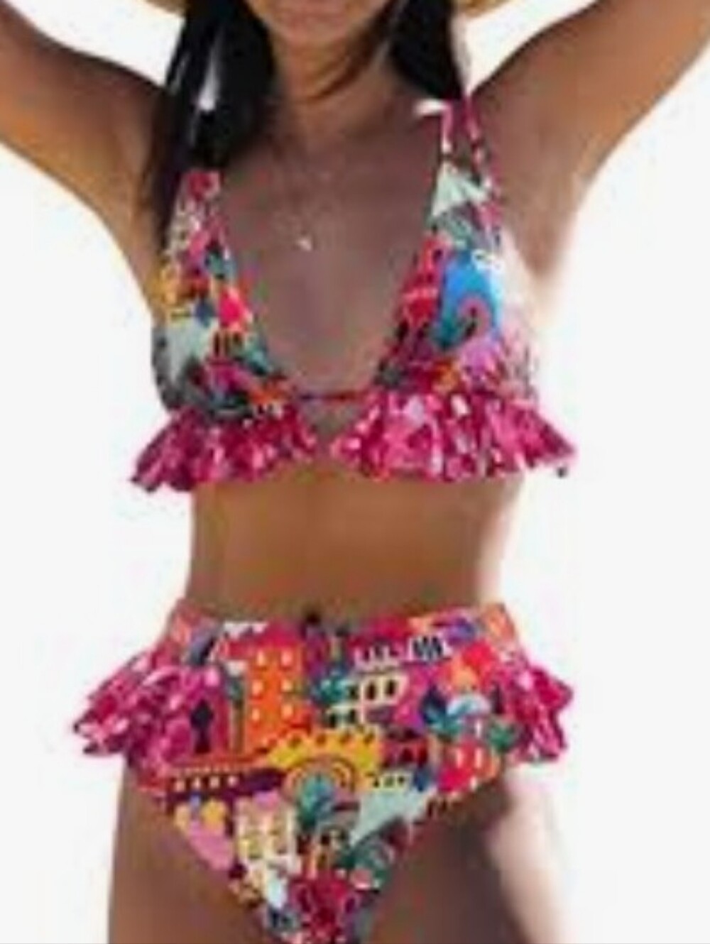Pink Multicolor Ruffle Bikini Set